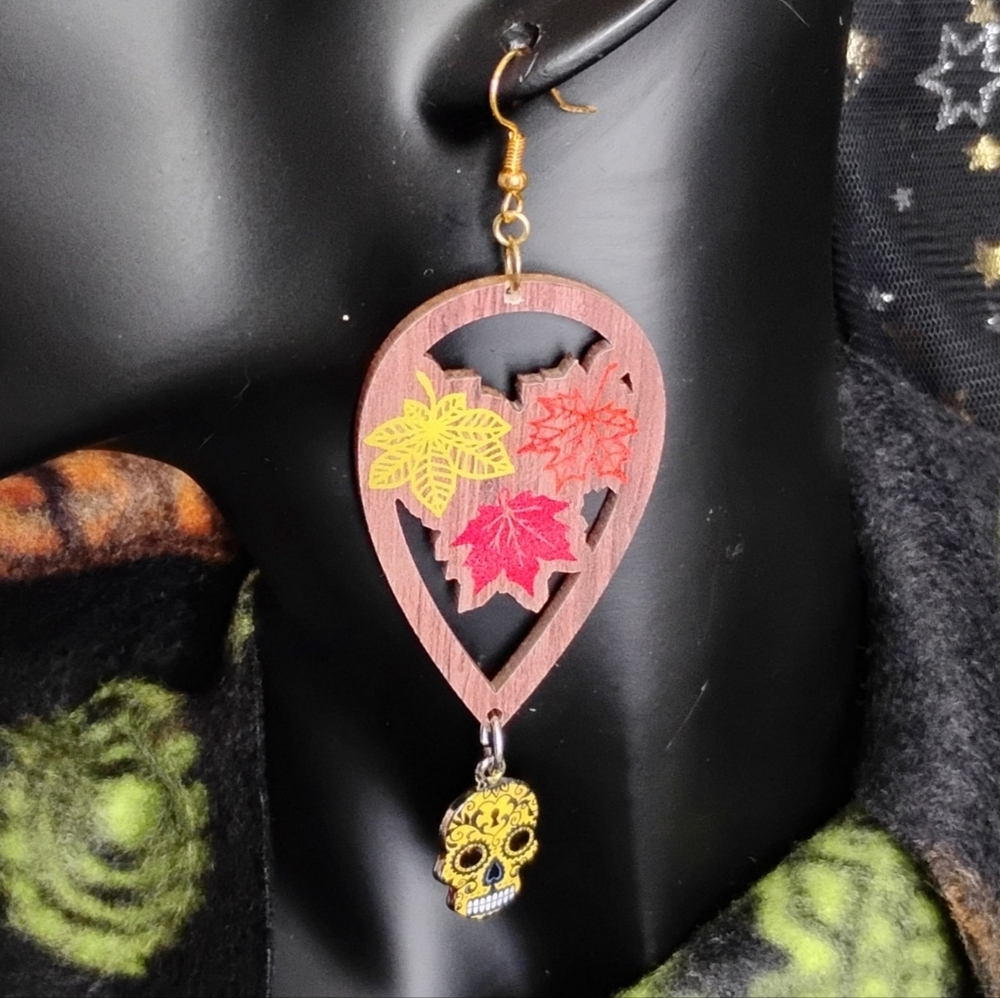 GROOVY GLAM Handmade Autumn Halloween Earrings Wooden Lazer Cutout with Skull